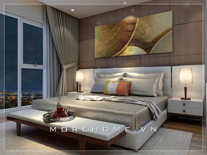 Giường ngủ hiện đại với thiết kế đầu giường khoảng cách lớn tạo cho chủ nhân căn phòng thoải mái và đầy sang trọng
